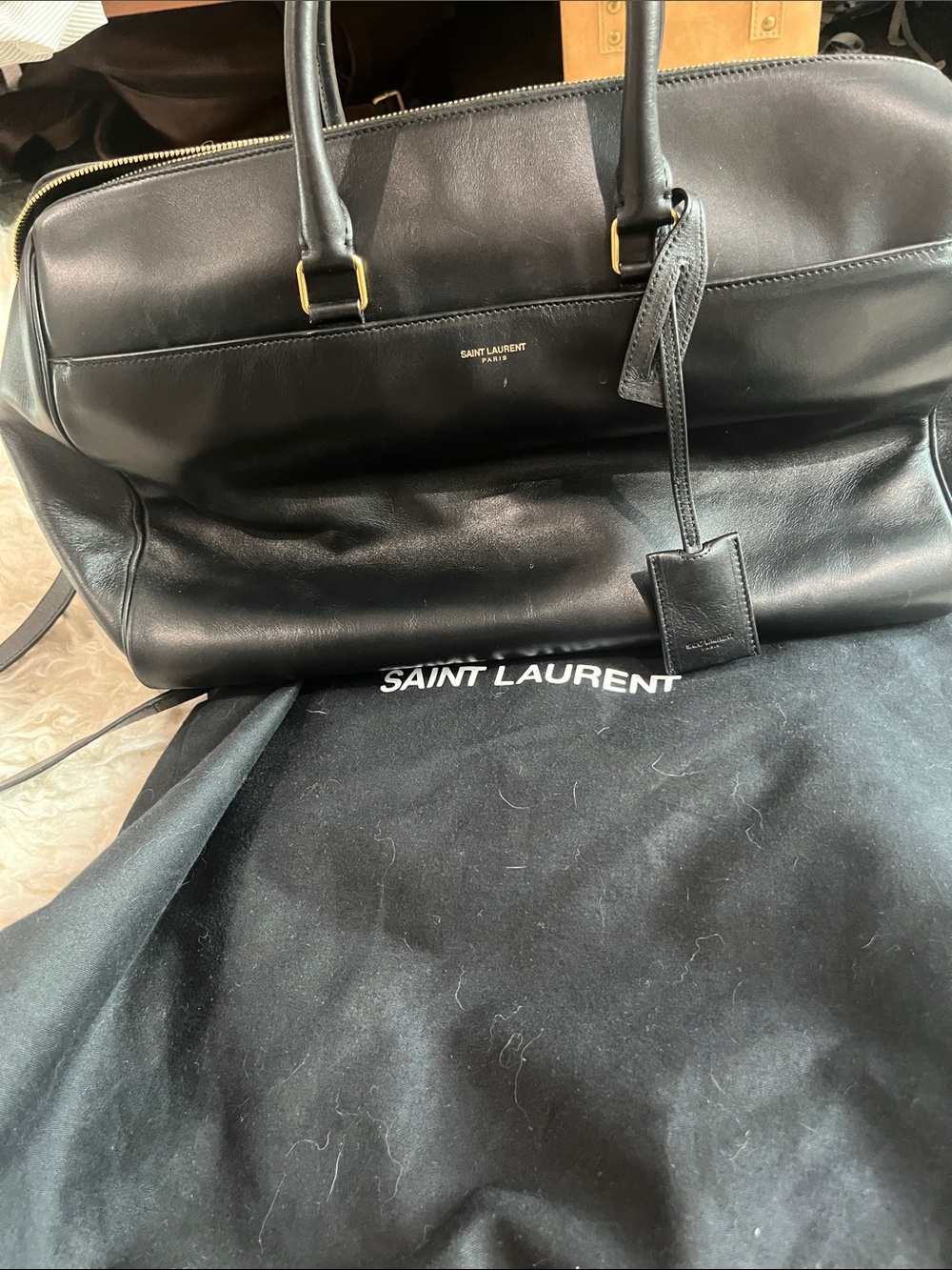 Saint Laurent Black Leather Duffel with Gold Hardware